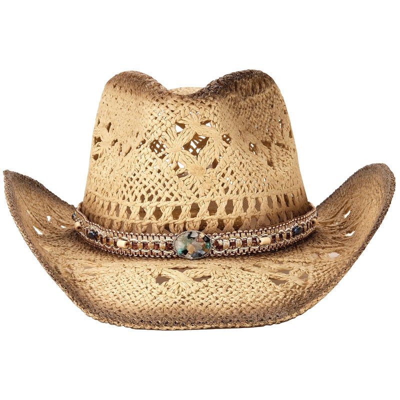 Foeran Men's Women's Straw Cowboy Hat Cowgirl Woven Sun Hat Western Cowboy Hat Two Decorative Bands - Image 2