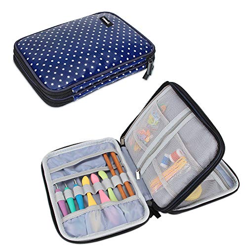 Damero Crochet Hook Case, Travel Storage Bag for Swing Crochet Hooks, Lighted Hooks, Needles(Up to 8'') and Accessories, Large, Blue Dots (No Accessories Included) - Image 1