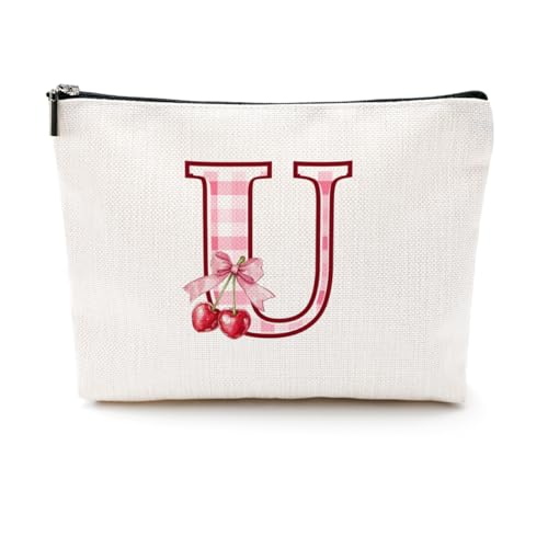CQM Initial Makeup Bag Monogram Cosmetic Bag Monogrammed Gifts for Women Girls Friends Coworker Teacher Personalized Travel Toiletry Bag Christmas Bridal Shower Wedding Bridesmaid Gifts, Cherry U - Image 1