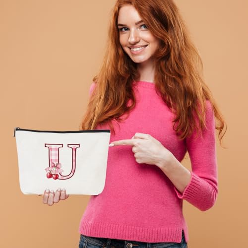 CQM Initial Makeup Bag Monogram Cosmetic Bag Monogrammed Gifts for Women Girls Friends Coworker Teacher Personalized Travel Toiletry Bag Christmas Bridal Shower Wedding Bridesmaid Gifts, Cherry U - Image 2