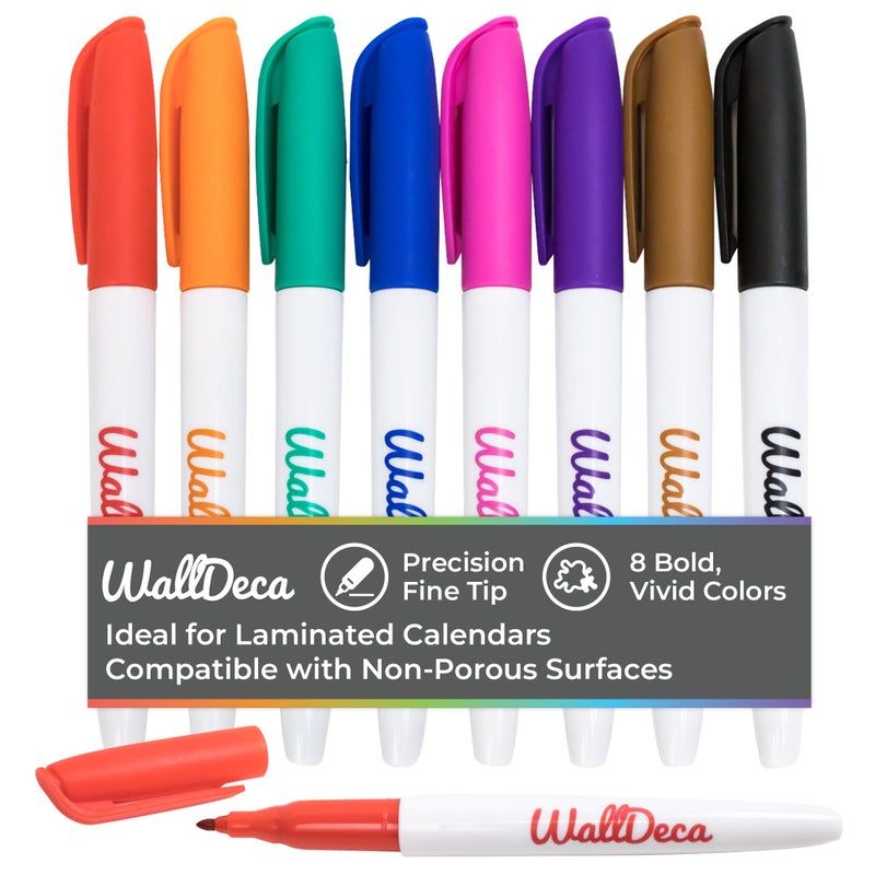 WallDeca Wet Erase Markers Fine Point, 8 Assorted Colors, Ultra Fine Point, Smudge-Free, Multipurpose - Image 1