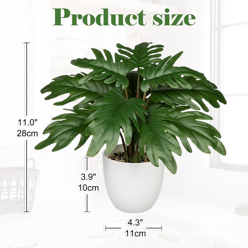 Villa Como 28cm Artificial Monstera Plant Potted, Artificial Plant Fake Tropical Plant in White Pot Indoor Outdoor Home Bathroom Living Room Office Desk Shelf - Image 3
