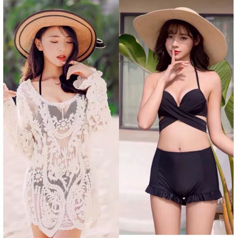 Three-piece bikini beach hot spring vacation slimming gathering split swimsuit women's new style can go into the water with a shirt - Image 2