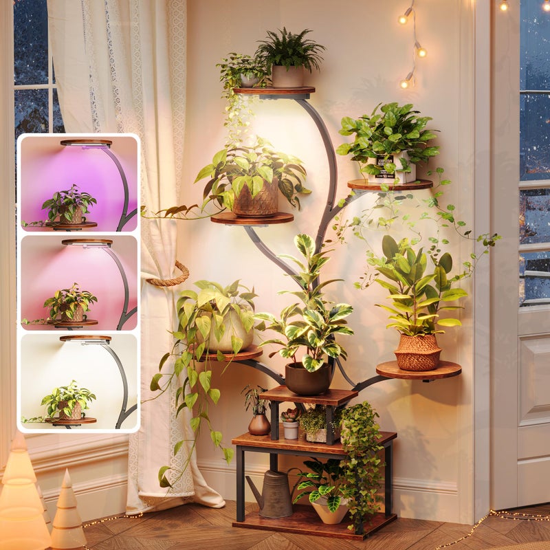 PRAISUN 51 Inch Plant Stand with Grow Lights, 8 Tiered Indoor Plant Shelf with Larger Flower Holder, Curved-tubed Design, 3 Light Modes, Corner Plant Rack for Living Room, Rustic Brown - Image 1