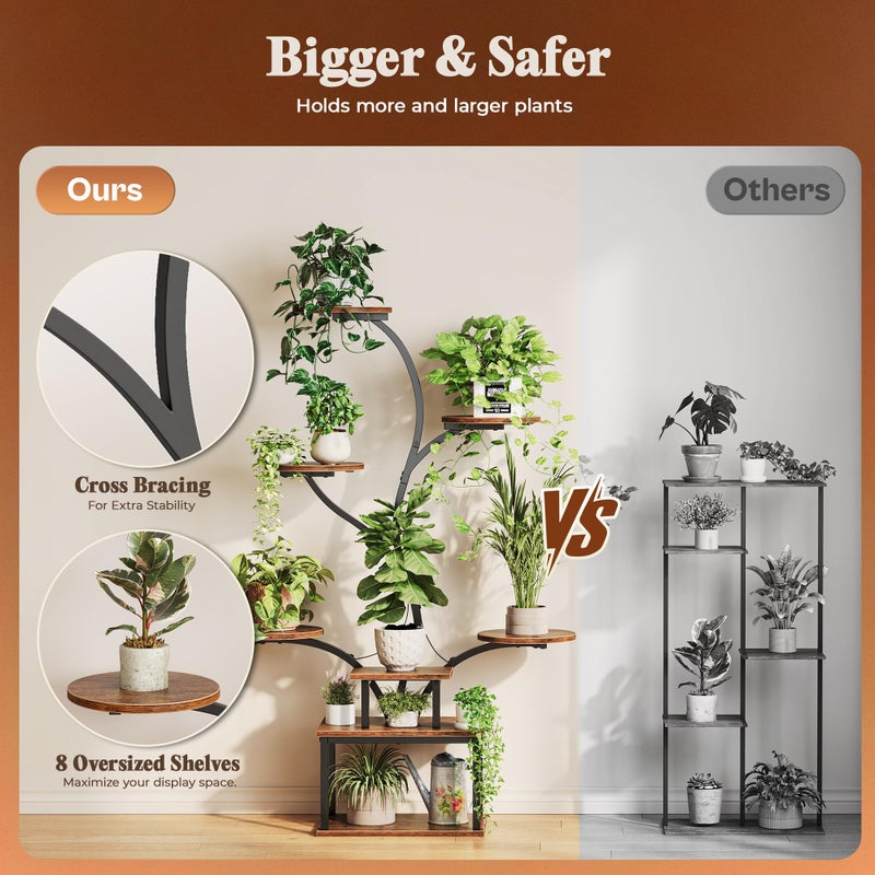 PRAISUN 51 Inch Plant Stand with Grow Lights, 8 Tiered Indoor Plant Shelf with Larger Flower Holder, Curved-tubed Design, 3 Light Modes, Corner Plant Rack for Living Room, Rustic Brown - Image 5