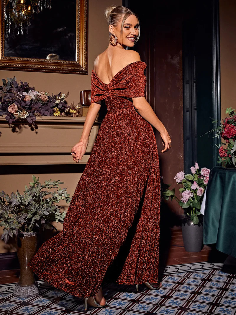 Simplee Women Off The Shoulder Short Sleeve Twist Bust Glitter A Line Floor Length Evening Maxi Dress For Formal Party Banquet