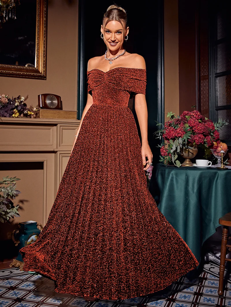 Simplee Women Off The Shoulder Short Sleeve Twist Bust Glitter A Line Floor Length Evening Maxi Dress For Formal Party Banquet