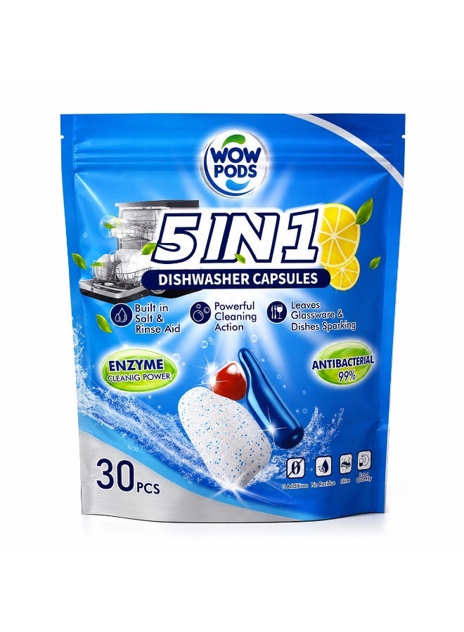 WOW PODS 5-in-1 Dishwasher Capsules, 30 PCS | Built-in Salt & Rinse Aid | Powerful Grease Removal | Spot-Free Shine | Lemon Fresh Dishwasher Detergent Pods - Image 1