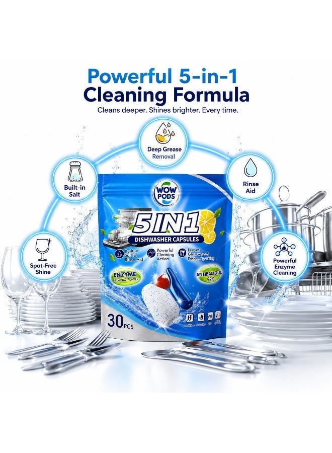 WOW PODS 5-in-1 Dishwasher Capsules, 30 PCS | Built-in Salt & Rinse Aid | Powerful Grease Removal | Spot-Free Shine | Lemon Fresh Dishwasher Detergent Pods - Image 2