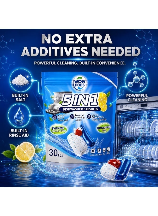 WOW PODS 5-in-1 Dishwasher Capsules, 30 PCS | Built-in Salt & Rinse Aid | Powerful Grease Removal | Spot-Free Shine | Lemon Fresh Dishwasher Detergent Pods - Image 5