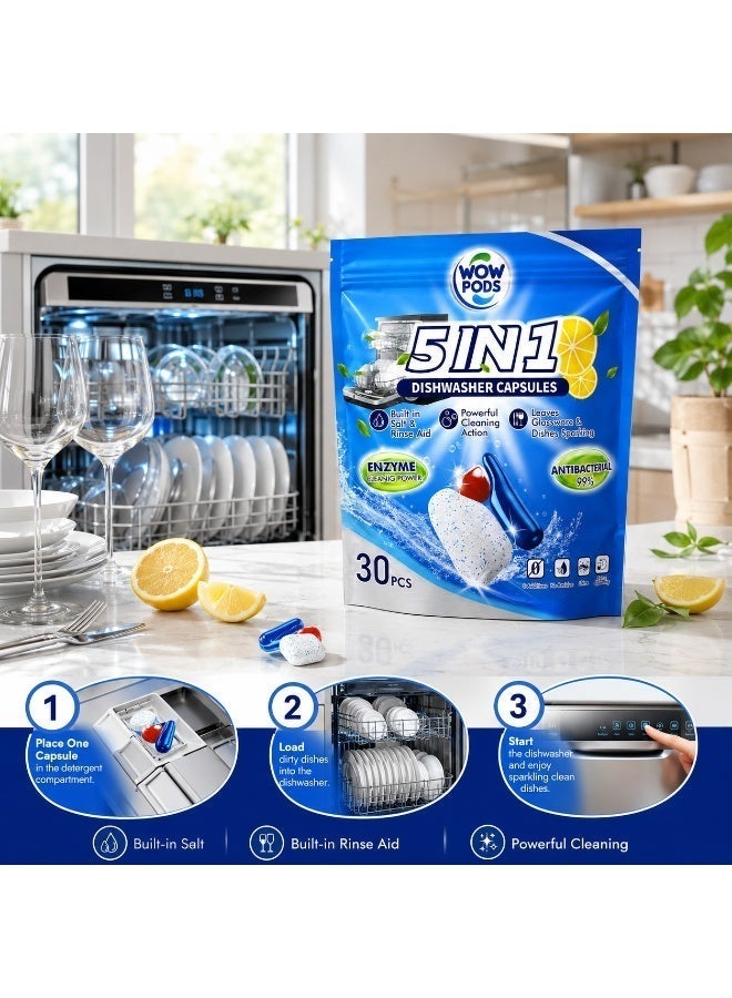 WOW PODS 5-in-1 Dishwasher Capsules, 30 PCS | Built-in Salt & Rinse Aid | Powerful Grease Removal | Spot-Free Shine | Lemon Fresh Dishwasher Detergent Pods - Image 4
