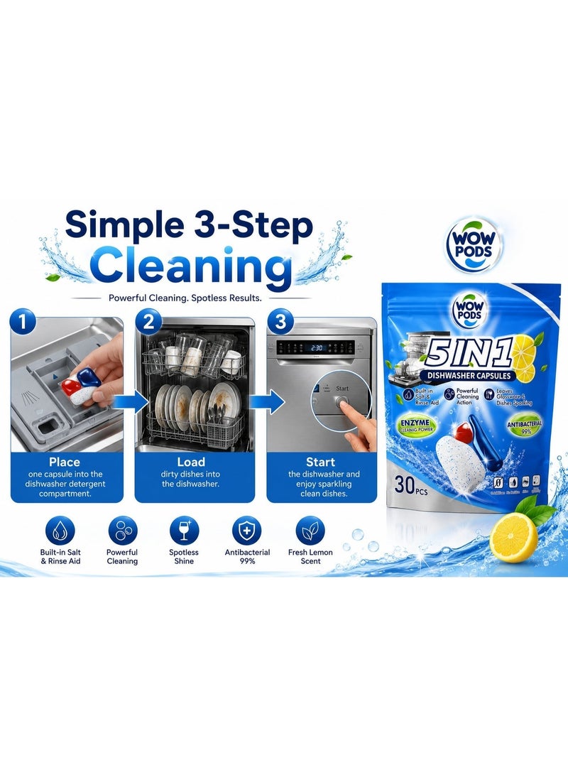 WOW PODS 5-in-1 Dishwasher Capsules, 30 PCS | Built-in Salt & Rinse Aid | Powerful Grease Removal | Spot-Free Shine | Lemon Fresh Dishwasher Detergent Pods - Image 3