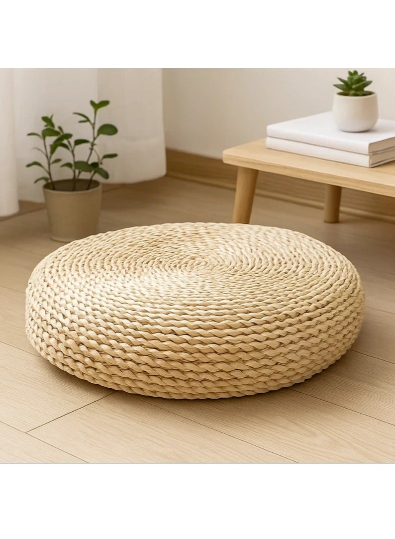 LINGWEI Japanese Style Tatami Floor Cushion Handwoven Natural Straw & Jute Round Pouf Pillow - Image 2