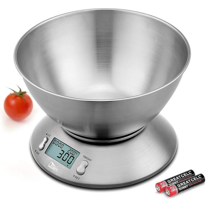 ELECTRONIC KITCHEN SCALES DIGITAL KITCHEN SCALE WITH DETACHABLE STAINLESS STEEL BOWL LCD DISPLAY AMBIENT TEMPERATURE SENSOR TARE FUNCTION FOOD SCALE FOR COOKING BAKING 11LB5KG