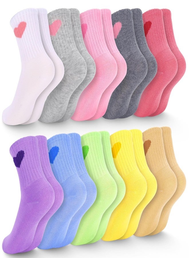 Ultrafun جوارب ألترافن للأطفال البنات، 10 أزواج، جوارب قطنية رياضية برقبة دائرية مزينة بقلوب، جوارب كاجوال للبنات من عمر 6 إلى 9 سنوات - Image 1