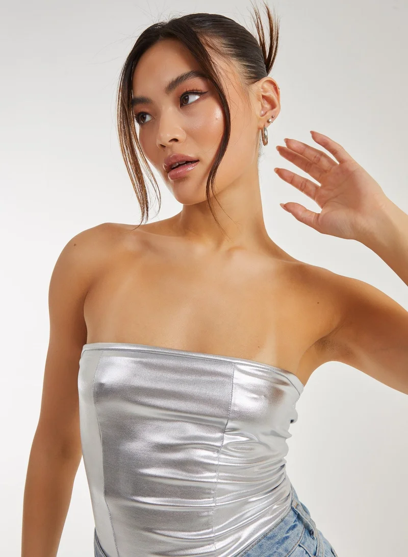 Pink Vanilla  Silver Metallic PU Corset Top for Women | Best Price UAE