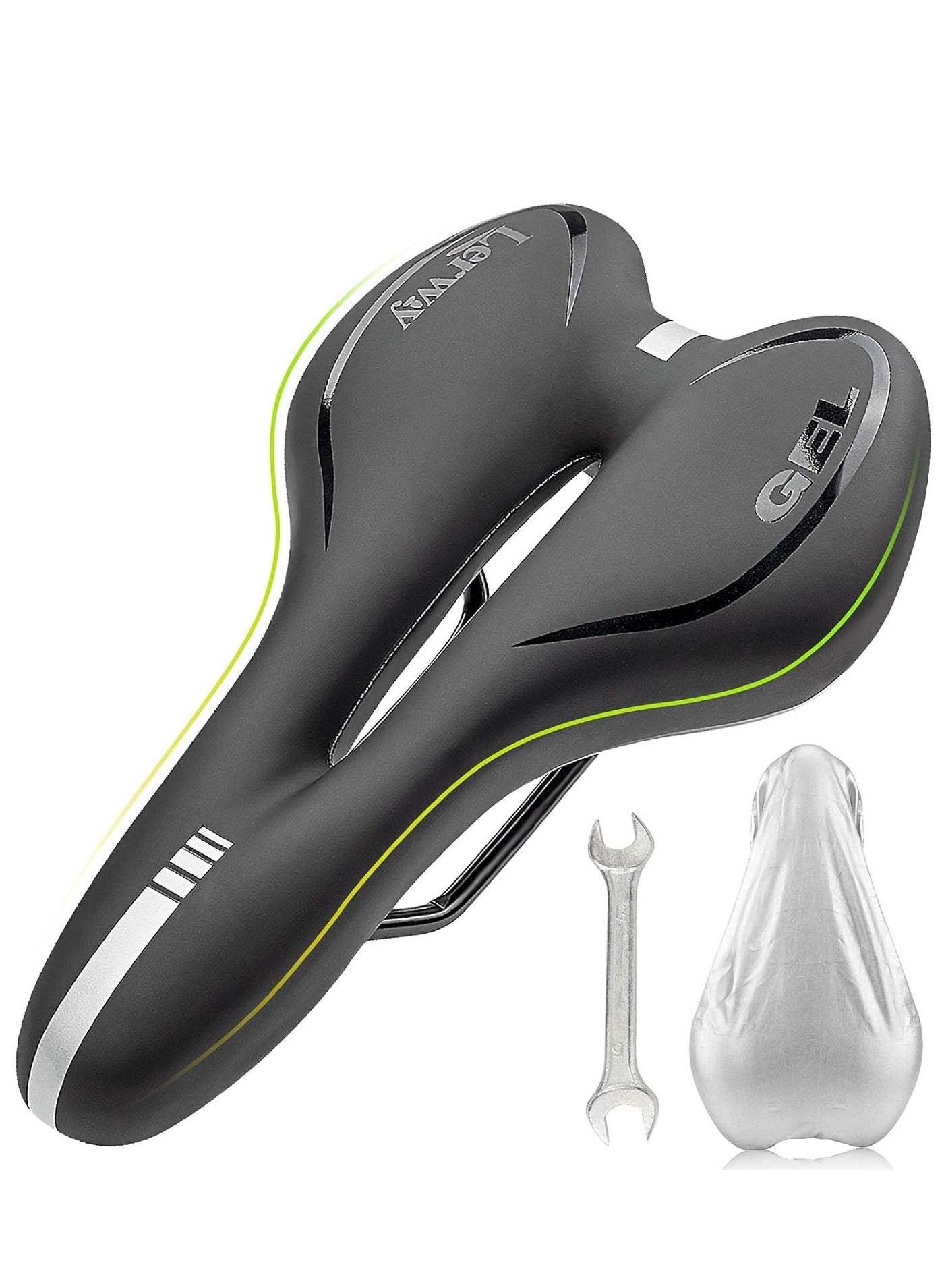 Gel Bike Seat Cushion, Comfortable Memory Foam Bicycle Saddle for Men & Women, Waterproof Wide Exercise Bike Seat with Rain Cover, Shock-Absorbing Padded Mountain Road MTB BMX Cycling Saddle, Easy Install