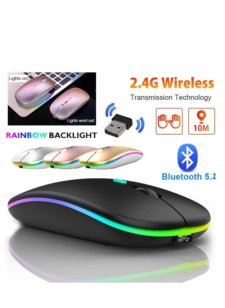 Generic - Mute Design New Bluetooth Wireless Mouse with USB Rechargeable RGB Mouse for Computer Laptop PC Macbook Gaming Mouse Gamer,Mute 2.4G+Bluetooth three-mode RGB luminous version - Image 1
