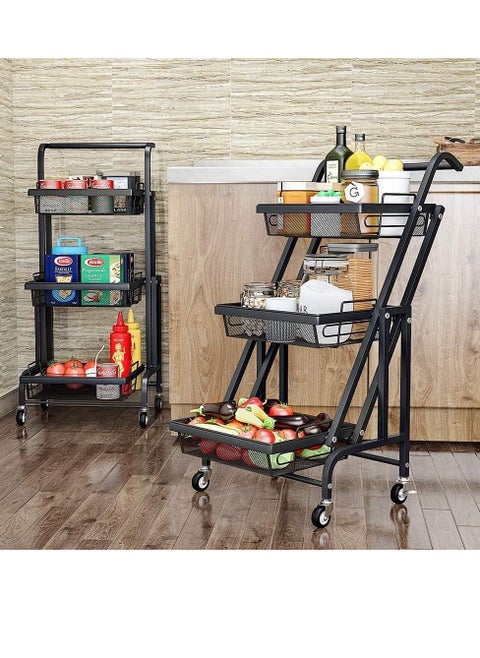 Turbo Metal Kitchen Storage Multi-Purpose 180 Degree Foldable, Removable Baskets for Fruits and Vegetables, Spice Container Organizer Holder with Wheels, 3 Layers and 4 Wheels for Easy Mobility