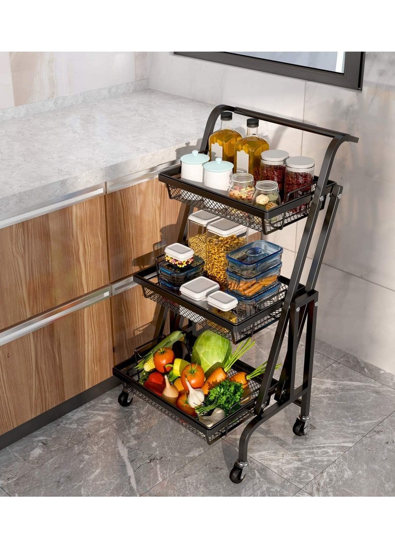 Turbo Metal Kitchen Storage Multi-Purpose 180 Degree Foldable, Removable Baskets for Fruits and Vegetables, Spice Container Organizer Holder with Wheels, 3 Layers and 4 Wheels for Easy Mobility