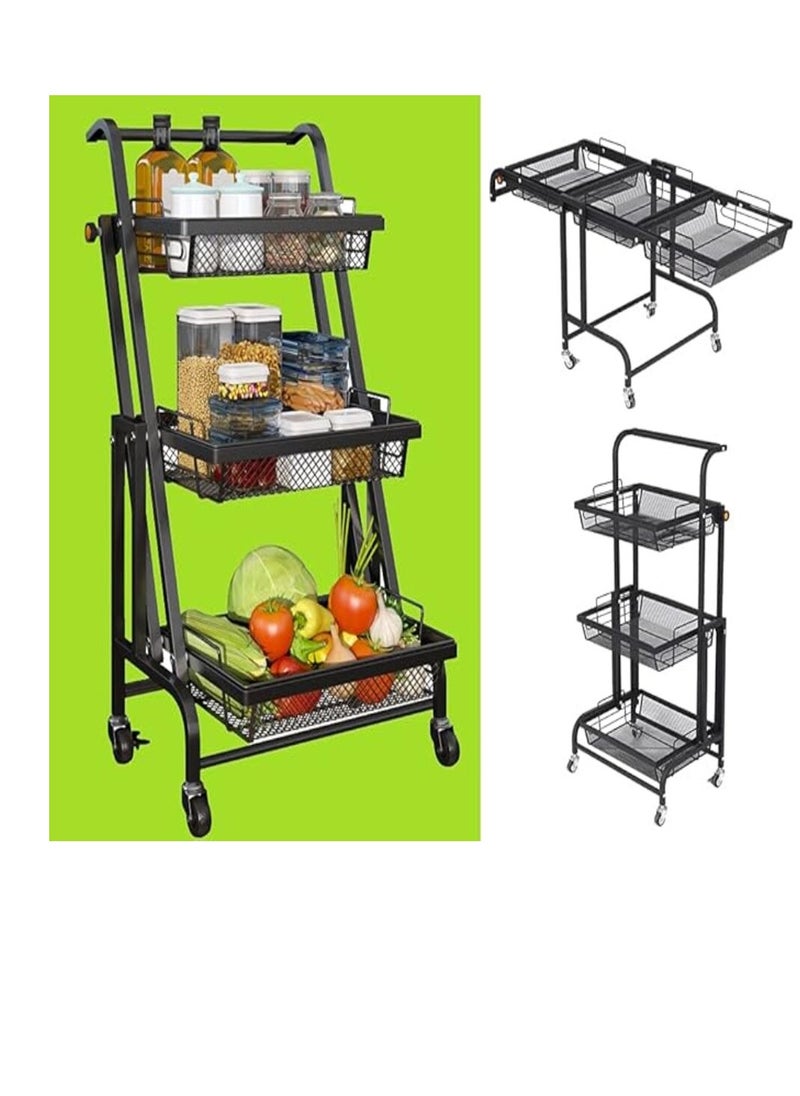 Turbo Metal Kitchen Storage Multi-Purpose 180 Degree Foldable, Removable Baskets for Fruits and Vegetables, Spice Container Organizer Holder with Wheels, 3 Layers and 4 Wheels for Easy Mobility