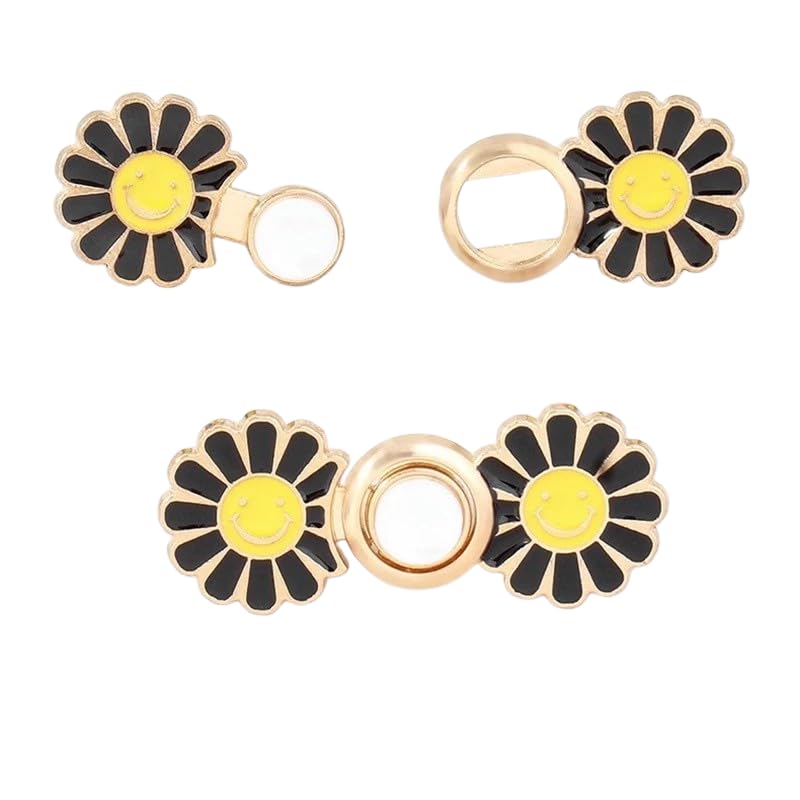 SEMITO SEMITO Set of 2 Pant Waist Tightener Adjustable Waist Buckle Set Extra Button for Jeans to Make Tighter Instant Jeans Button Pins for Pants Jeans Skirts No Sewing Required Black Flower Gold