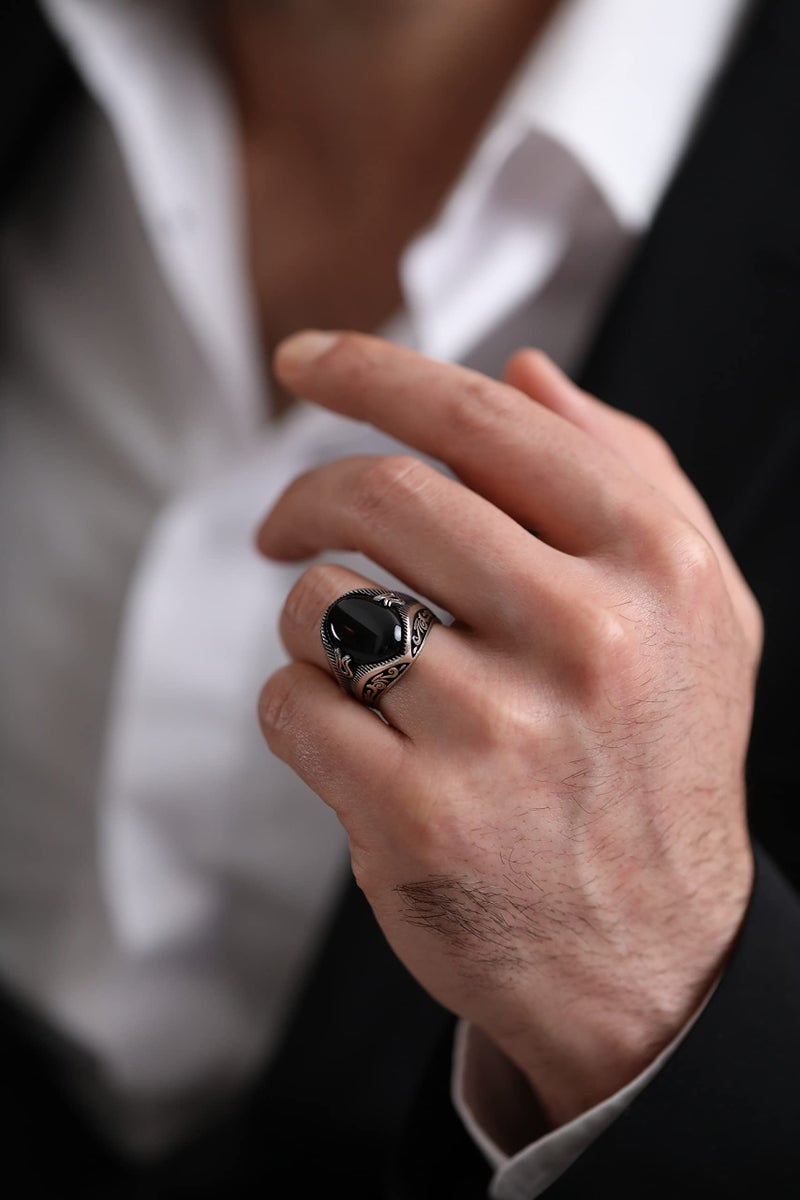 Babylon Silver Solid Genuine 925 Sterling Silver Black Onyx Stone Turkish Handmade Ottoman Men's Motif Ring (7) - Image 3