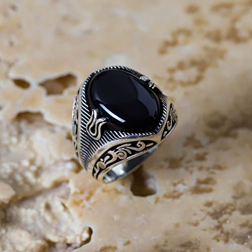 Babylon Silver Solid Genuine 925 Sterling Silver Black Onyx Stone Turkish Handmade Ottoman Men's Motif Ring (7) - Image 2