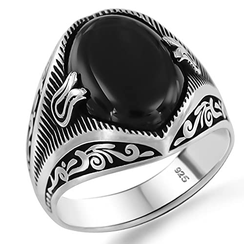 Babylon Silver Solid Genuine 925 Sterling Silver Black Onyx Stone Turkish Handmade Ottoman Men's Motif Ring (7) - Image 1
