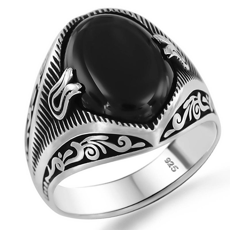 Babylon Silver Solid Genuine 925 Sterling Silver Black Onyx Stone Turkish Handmade Ottoman Men's Motif Ring (7) - Image 5