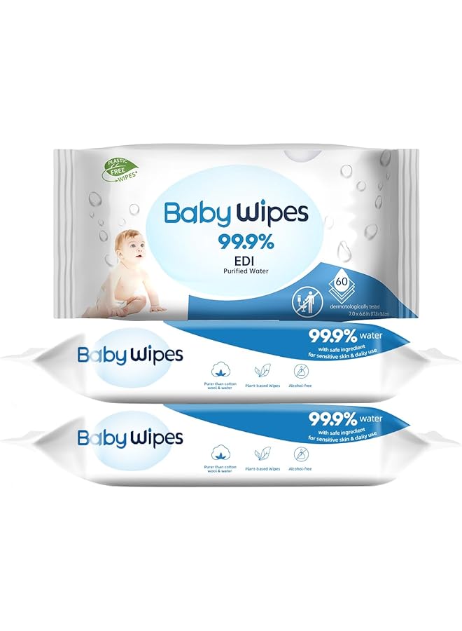ECVV 180 Count Baby Wipes With 99.9% Pure Water Hypoallergenic Alcohol Free Extra Thick & Ultra Soft Texture Safe For Sensitive Skin 60 Wipes Per Pack (3 Packs Total) - Image 1