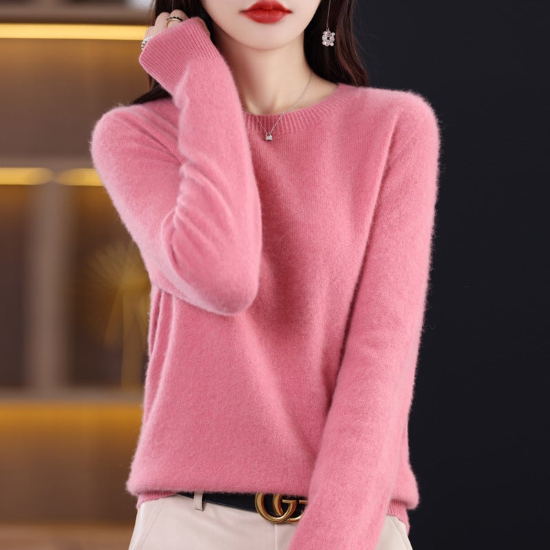 Woolen sweater womens solid color round neck 23 new long sleeve seamless knitted first-line garment wool sweater undershirt Shrimp pink