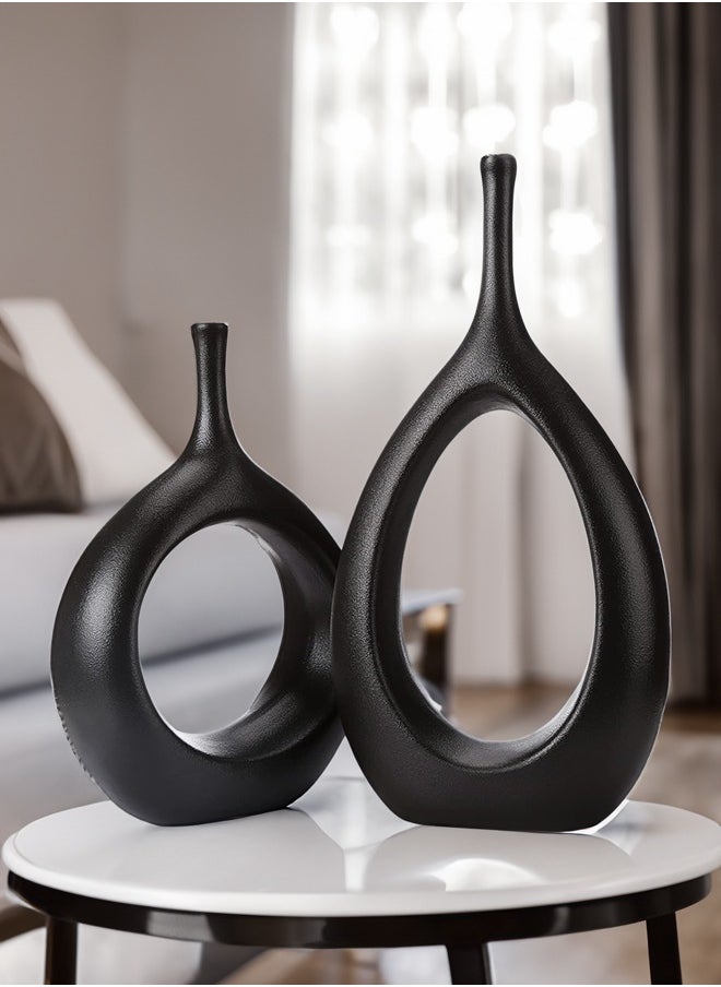 Occuwzz - Black Vase Set of 2 Black Ceramic Vase Black Decor Black Vase Set Black Flower Vase Black Vases for Decor Black Tall Vase Modern Living Room Decor Modern Vases - Image 1