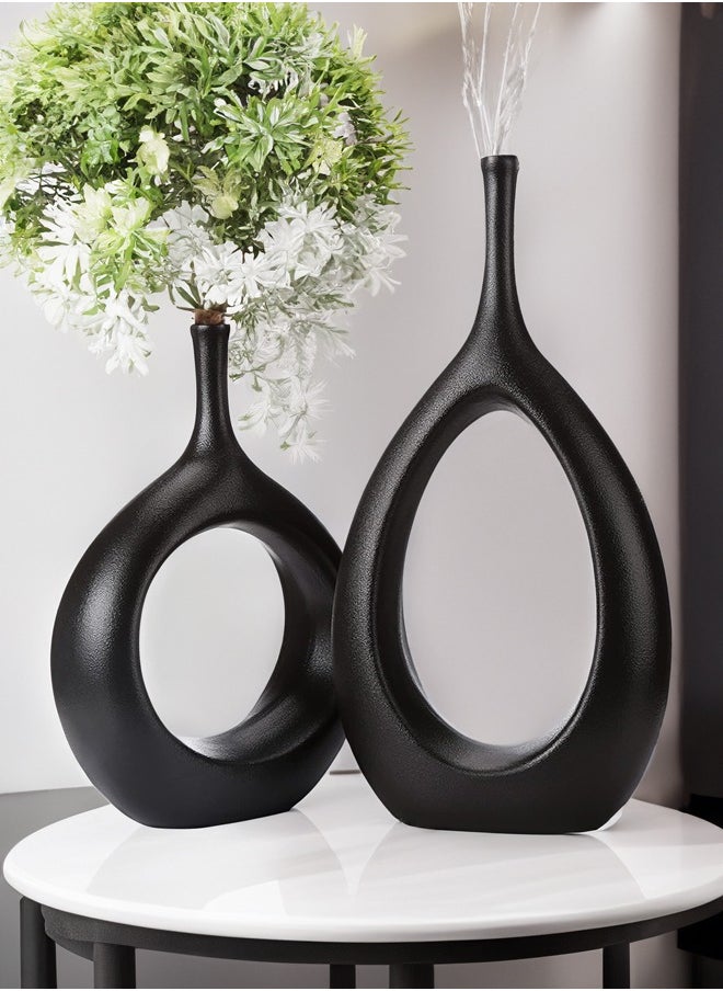 Occuwzz - Black Vase Set of 2 Black Ceramic Vase Black Decor Black Vase Set Black Flower Vase Black Vases for Decor Black Tall Vase Modern Living Room Decor Modern Vases - Image 1