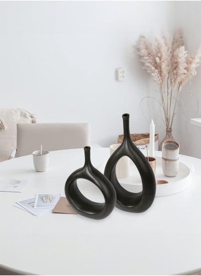 Occuwzz - Black Vase Set of 2 Black Ceramic Vase Black Decor Black Vase Set Black Flower Vase Black Vases for Decor Black Tall Vase Modern Living Room Decor Modern Vases - Image 1
