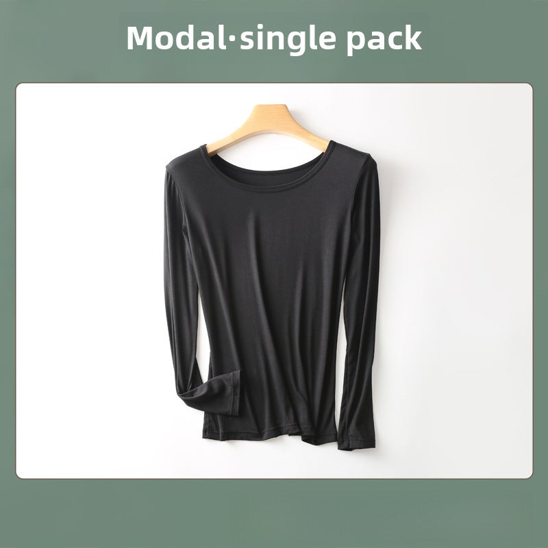 Ladies Modal Thermal Tops Autumn Winter Round Neck Slim Fit Black  - Image 1