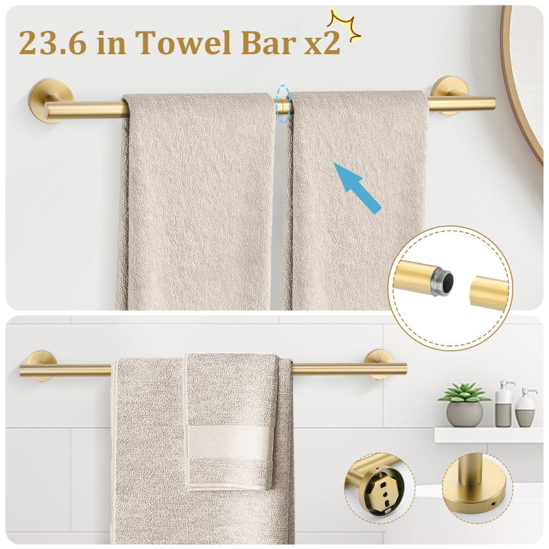TURS Brushed Gold 10 Pieces Bathroom Hardware Set  SUS304 Stainless Steel 24 Inch Bath Towel Bar Set  Round Bathroom Accessories Kit Wall Mounted - Image 2