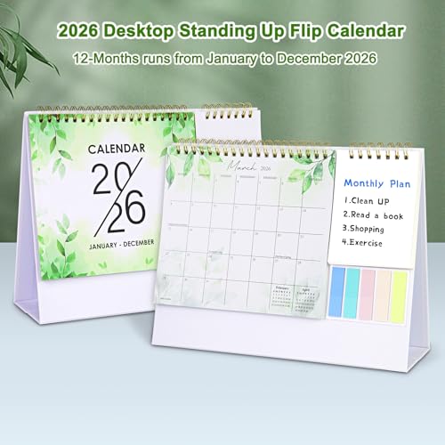 Aosemili 2026 Desk Calendar Small Standing Desktop Calendar (Jan-Dec. 2026) for Office Home Tabletop, 2026 Small Flip Calender with Writing Notepads and Sticky Notes, Green - Image 2