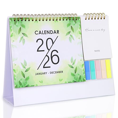 Aosemili 2026 Desk Calendar Small Standing Desktop Calendar (Jan-Dec. 2026) for Office Home Tabletop, 2026 Small Flip Calender with Writing Notepads and Sticky Notes, Green - Image 1