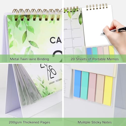 Aosemili 2026 Desk Calendar Small Standing Desktop Calendar (Jan-Dec. 2026) for Office Home Tabletop, 2026 Small Flip Calender with Writing Notepads and Sticky Notes, Green - Image 4