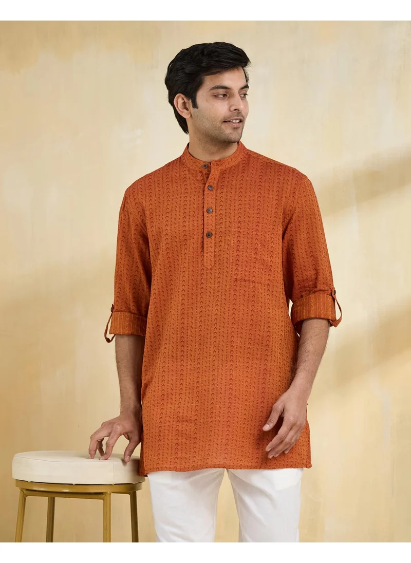 فاب انديا Orange Cotton Dobby Short Kurta