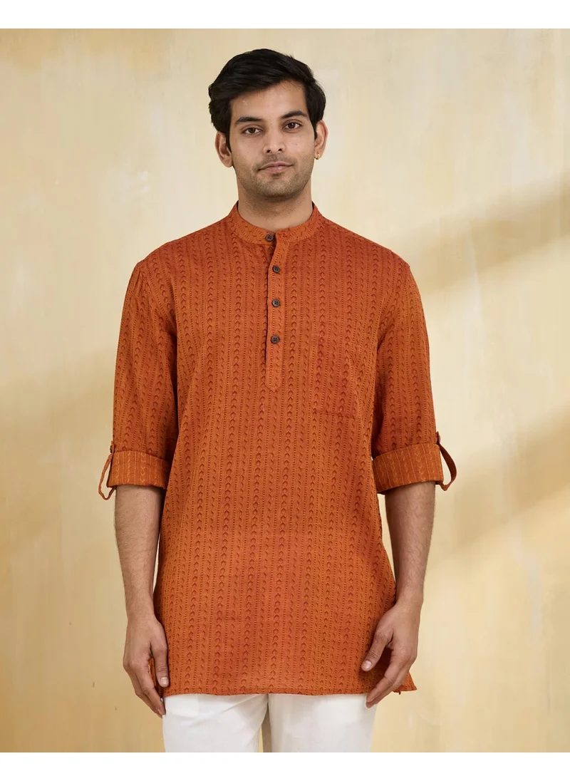 فاب انديا Orange Cotton Dobby Short Kurta