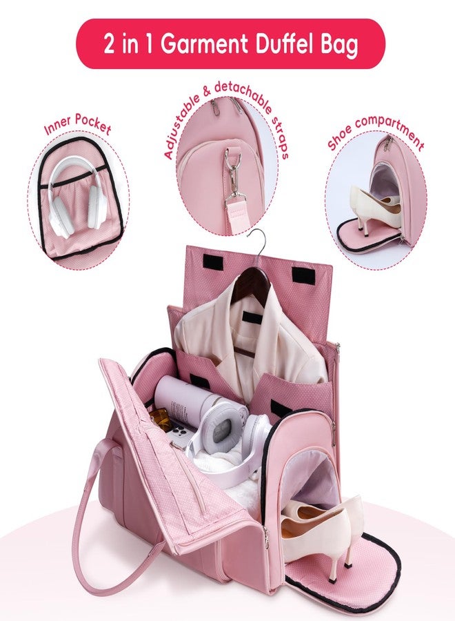 مودوكر حقيبة ملابس جلدية من مودوكر للسفر - حقيبة يد وحقيبة سفر 2 في 1 للنساء - حقيبة سفر لفساتين الزفاف مع جيب للأحذية وحزام كتف - مثالية لرحلات العمل، لون وردي - Image 2