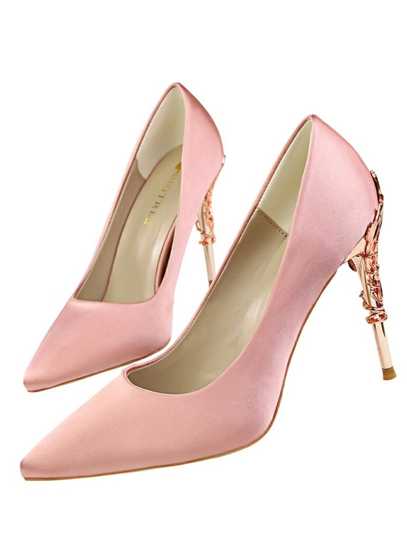 BIGTREE Women's Elegant Stiletto Pumps With 10 CM Personalized Metal Heel Elegant Gorgeous Closed Pointed Toe Slip On Solid High Heels Pink - Image 1