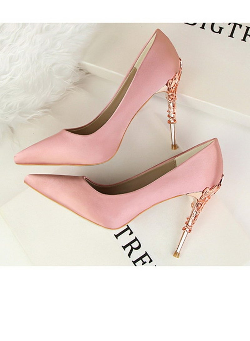 BIGTREE Women's Elegant Stiletto Pumps With 10 CM Personalized Metal Heel Elegant Gorgeous Closed Pointed Toe Slip On Solid High Heels Pink - Image 4