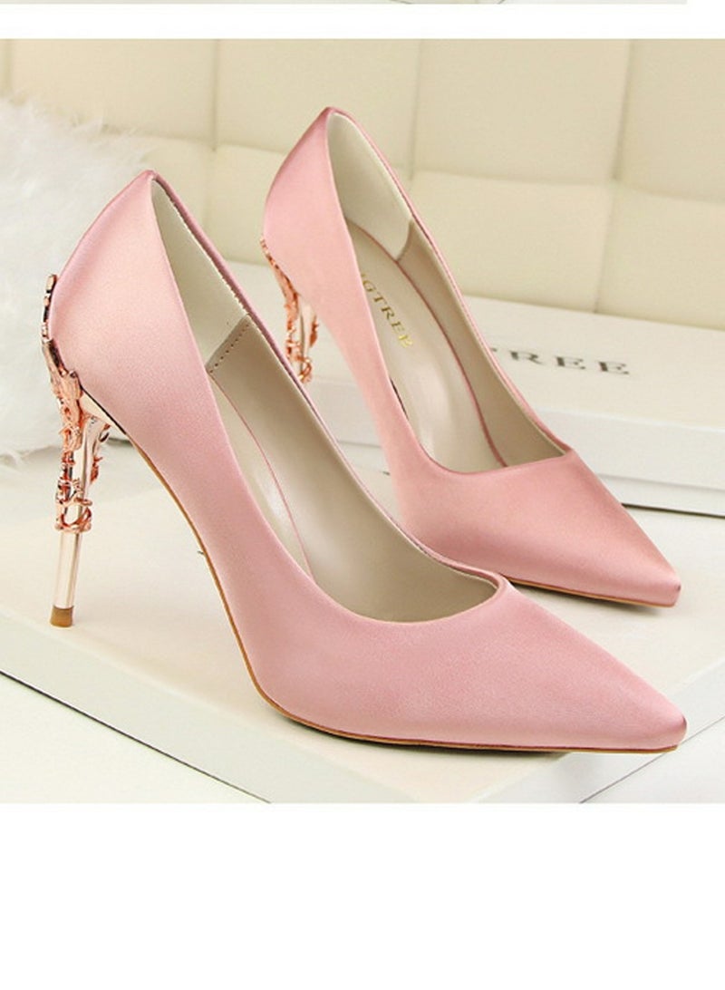 BIGTREE Women's Elegant Stiletto Pumps With 10 CM Personalized Metal Heel Elegant Gorgeous Closed Pointed Toe Slip On Solid High Heels Pink - Image 2