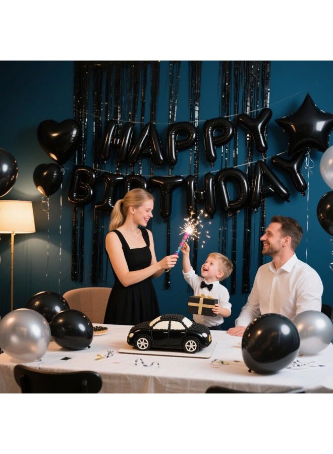 WEIKA 29 Pcs Black Birthday Party Decorations - Happy Birthday Balloons Banner, Heart & Star Foil Balloon, Confetti & Latex Balloons, Foil Fringe Curtains Party Supplies for Men - Image 5