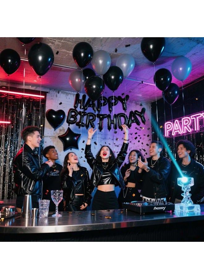 WEIKA 29 Pcs Black Birthday Party Decorations - Happy Birthday Balloons Banner, Heart & Star Foil Balloon, Confetti & Latex Balloons, Foil Fringe Curtains Party Supplies for Men - Image 4
