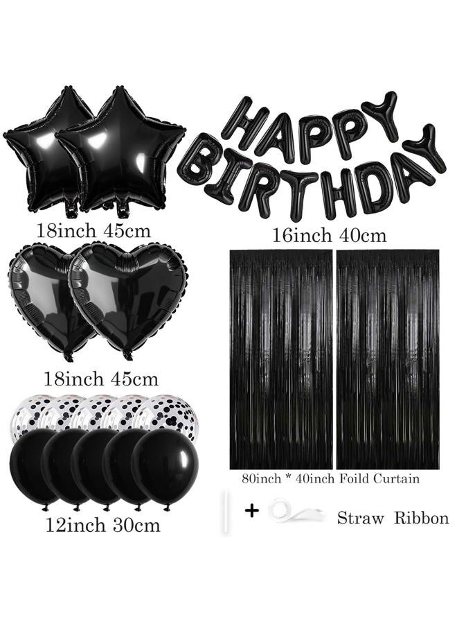 WEIKA 29 Pcs Black Birthday Party Decorations - Happy Birthday Balloons Banner, Heart & Star Foil Balloon, Confetti & Latex Balloons, Foil Fringe Curtains Party Supplies for Men - Image 2