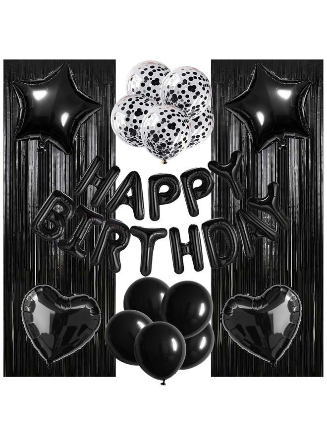 WEIKA 29 Pcs Black Birthday Party Decorations - Happy Birthday Balloons Banner, Heart & Star Foil Balloon, Confetti & Latex Balloons, Foil Fringe Curtains Party Supplies for Men - Image 1